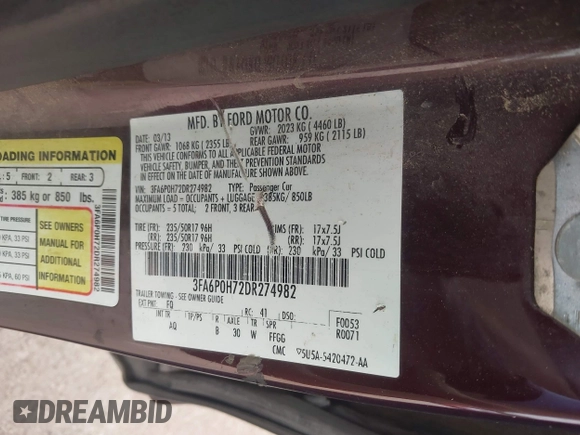 2013 Ford Fusion SE with VIN 3FA6P0H72DR274982, listed as a IAAI auction lot 42050722 with 219,247 mi miles. Bid and sale history available at carsss.com. Image 9.