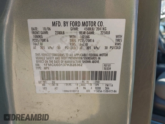 2007 Ford Escape XLT with VIN 1FMCU03137KB28362, listed as a IAAI auction lot 41689766 with 154,345 mi miles and . Bid and sale history available at DreamBid. Image 9.