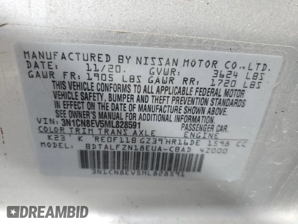 2021 Nissan Versa SV with VIN 3N1CN8EV5ML828591, listed as a Copart auction lot 55176005 with 72,946 mi miles and Clean title. Bid and sale history available at DreamBid. Image 12.