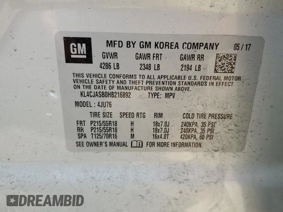 2017 Buick Encore Preferred with VIN KL4CJASB0HB216892, listed as a Copart auction lot 63265945 with 72,189 mi miles and Clean title. Bid and sale history available at DreamBid. Image 14.