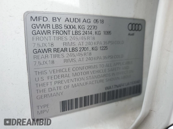 2018 Audi allroad A4 Premium with VIN WA17NAF41JA193040, listed as a Copart auction lot 73289744 with 62,213 mi miles and Salvage Title. Bid and sale history available at DreamBid. Image 12.
