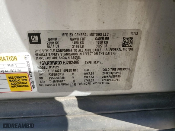 2014 GMC Acadia SLT with VIN 1GKKRRKDXEJ202496, listed as a Copart auction lot 45730325 with 152,464 mi miles and Salvage Title. Bid and sale history available at carsss.com. Image 15.
