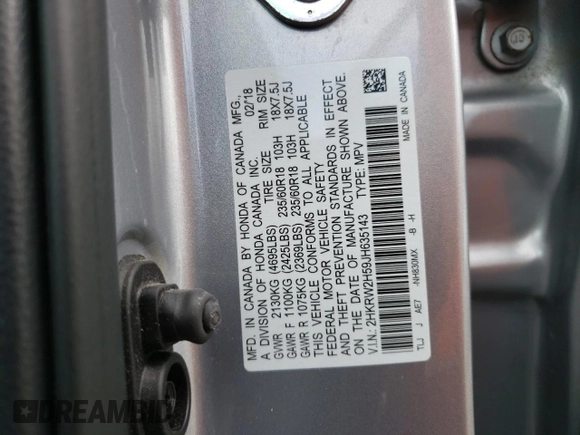 2018 Honda CR-V EX with VIN 2HKRW2H59JH635143, listed as a Copart auction lot 50819535 with 20,953 mi miles and Salvage Title. Bid and sale history available at DreamBid. Image 13.