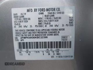 2019 Ford Edge Titanium with VIN 2FMPK4K90KBC22398, listed as a IAAI auction lot 41622564 with 109,538 mi miles. Bid and sale history available at carsss.com. Image 9.