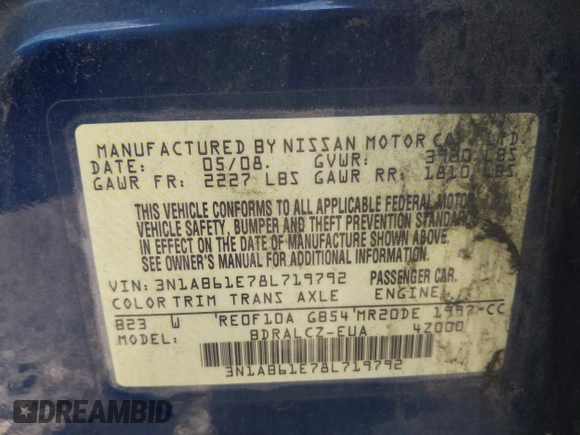 2008 Nissan Sentra S with VIN 3N1AB61E78L719792, listed as a IAAI auction lot 42579231 with 152,192 mi miles and . Bid and sale history available at DreamBid. Image 9.