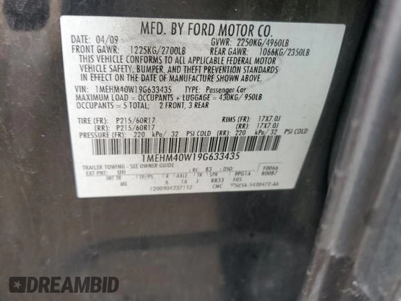 2009 Mercury Sable with VIN 1MEHM40W19G633435, listed as a Copart auction lot 49274275 with 172,223 mi miles and Salvage title. Bid and sale history available at DreamBid. Image 12.