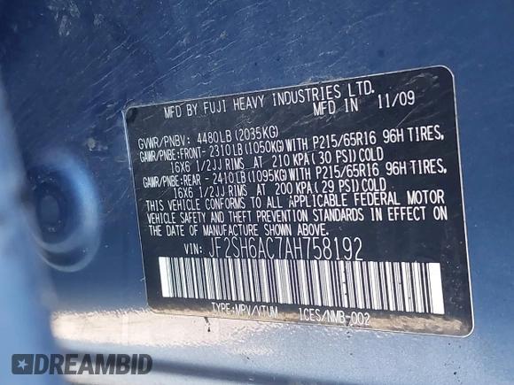 2010 Subaru Forester X с VIN JF2SH6AC7AH758192, выставлен на аукционе IAAI как лот 42237088 с пробегом Не указан миль и . История ставок и продаж доступна на DreamBid. Изображение 9.