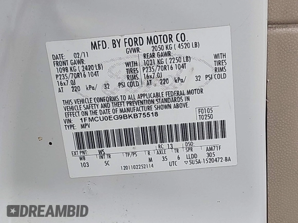 2011 Ford Escape Limited with VIN 1FMCU0EG9BKB75518, listed as a IAAI auction lot 42355014 with 90,480 mi miles and . Bid and sale history available at DreamBid. Image 9.