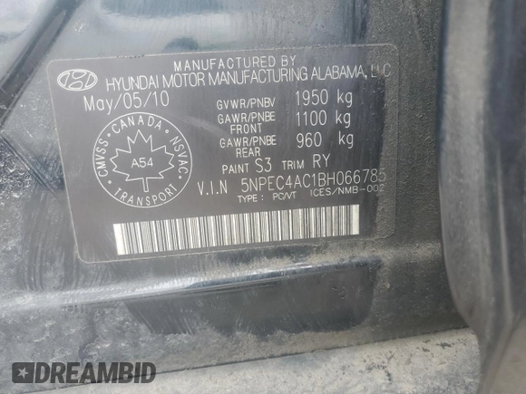 2011 Hyundai Sonata Limited with VIN 5NPEC4AC1BH066785, listed as a Copart auction lot 51503175 with 142,396 mi miles and Salvage Title. Bid and sale history available at DreamBid. Image 13.