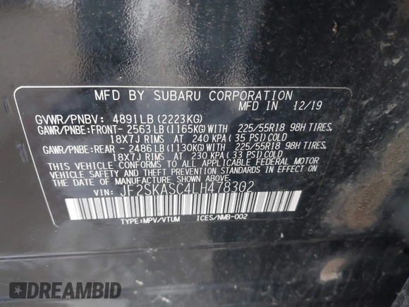 2020 Subaru Forester Limited with VIN JF2SKASC4LH478302, listed as a IAAI auction lot 41532416 with 91,392 mi miles. Bid and sale history available at carsss.com. Image 9.