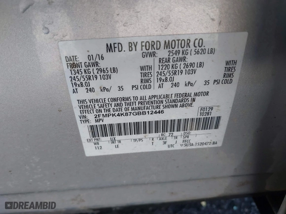 2016 Ford Edge Titanium with VIN 2FMPK4K87GBB12446, listed as a IAAI auction lot 41719459 with 140,038 mi miles. Bid and sale history available at carsss.com. Image 9.
