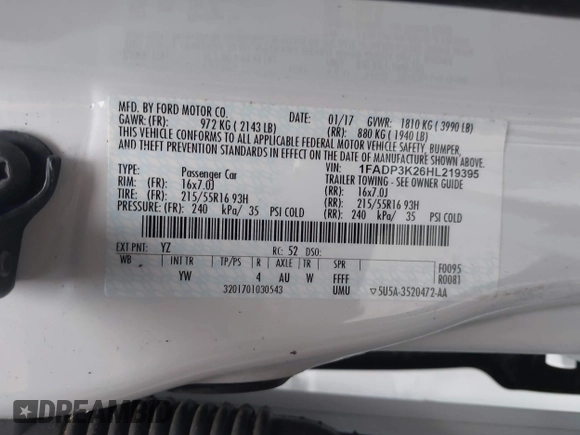 2017 Ford Focus SE with VIN 1FADP3K26HL219395, listed as a IAAI auction lot 42150336 with 54,588 mi miles and . Bid and sale history available at carsss.com. Image 9.