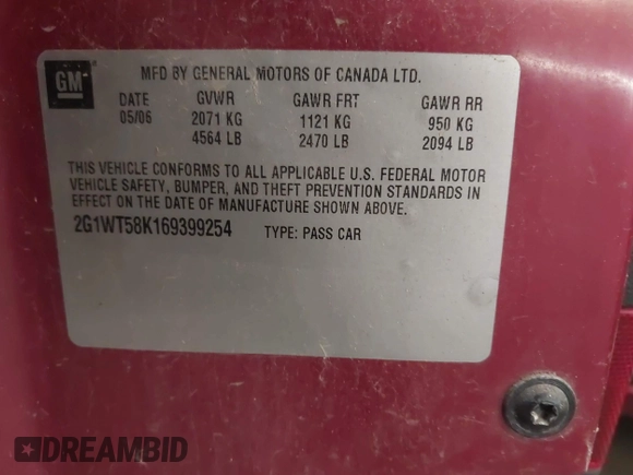 2006 Chevrolet Impala LT 3.5L with VIN 2G1WT58K169399254, listed as a IAAI auction lot 42043714 with 168,047 mi miles and . Bid and sale history available at DreamBid. Image 9.