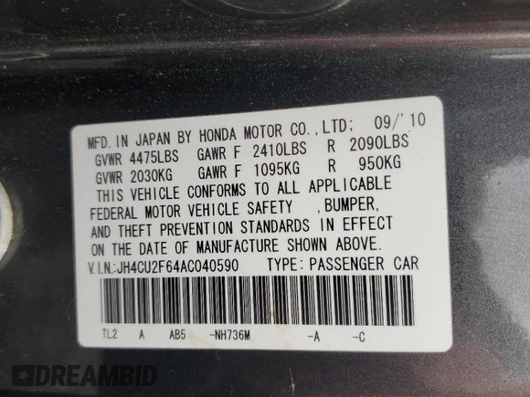2010 Acura TSX z VIN JH4CU2F64AC040590, wystawiony jako Copart lot #58048285 z przebiegiem 212 113 mil mil oraz Szkoda całkowita • Salvage title. Historia ofert i sprzedaży dostępna na DreamBid. Obrazek 12.