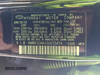 2018 Hyundai Kona SE with VIN KM8K1CAA1JU072474, listed as a IAAI auction lot 41191029 with 85,450 mi miles. Bid and sale history available at carsss.com. Image 9.
