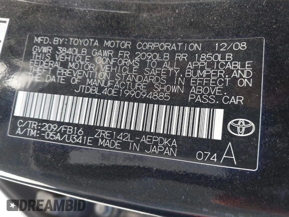2009 Toyota Corolla with VIN JTDBL40E199094885, listed as a IAAI auction lot 41840789 with 106,498 mi miles. Bid and sale history available at carsss.com. Image 9.