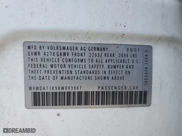 2008 Volkswagen Rabbit S with VIN WVWDA71K98W093987, listed as a Copart auction lot 82461314 with 0 mi miles and Salvage Title. Bid and sale history available at carsss.com. Image 15.