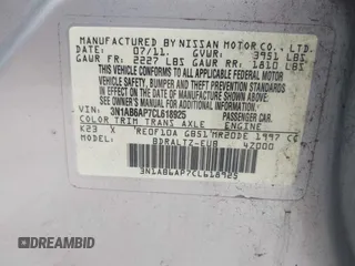 2012 Nissan Sentra S with VIN 3N1AB6AP7CL618925, listed as a IAAI auction lot 42194536 with 193,707 mi miles and . Bid and sale history available at DreamBid. Image 9.