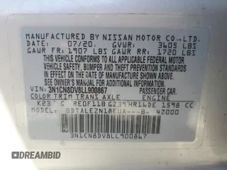 2020 Nissan Versa S with VIN 3N1CN8DV8LL900867, listed as a Copart auction lot 47627485 with 89,175 mi miles and Salvage Title. Bid and sale history available at carsss.com. Image 12.
