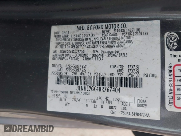 2011 Lincoln MKZ with VIN 3LNHL2GC4BR767404, listed as a IAAI auction lot 41895780 with 150,162 mi miles. Bid and sale history available at carsss.com. Image 9.