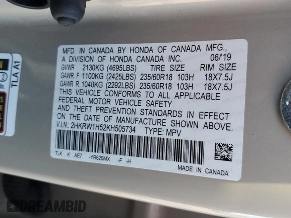 2019 Honda CR-V EX with VIN 2HKRW1H52KH505734, listed as a Copart auction lot 50371485 with 108,281 mi miles and Salvage Title. Bid and sale history available at DreamBid. Image 14.