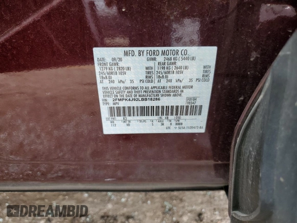 2020 Ford Edge SEL with VIN 2FMPK4J92LBB18286, listed as a Copart auction lot 59431204 with 41,607 mi miles and Non Repairable. Bid and sale history available at carsss.com. Image 14.