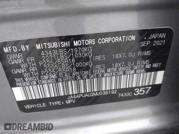 2021 Mitsubishi Outlander ES with VIN JA4APUAU2MU036192, listed as a IAAI auction lot 42174044 with 54,331 mi miles and . Bid and sale history available at DreamBid. Image 9.