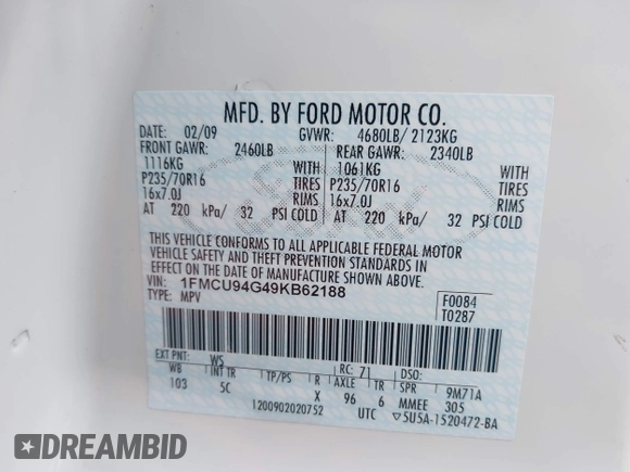 2009 Ford Escape Limited with VIN 1FMCU94G49KB62188, listed as a IAAI auction lot 42316003 with Not provided miles and . Bid and sale history available at DreamBid. Image 9.