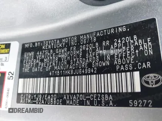 2018 Toyota Camry LE z VIN 4T1B11HK8JU649942, wystawiony jako IAAI lot #42194030 z przebiegiem 54 687 mil mil oraz . Historia ofert i sprzedaży dostępna na DreamBid. Obrazek 9.