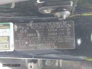 2010 Kia Optima LX with VIN KNAGG4A88A5436716, listed as a IAAI auction lot 41890607 with 264,913 mi miles. Bid and sale history available at carsss.com. Image 9.