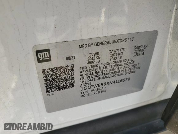 2022 Chevrolet Bolt EV 1LT with VIN 1G1FW6S0XN4116579, listed as a Copart auction lot 41822115 with 42,549 mi miles and Salvage title. Bid and sale history available at DreamBid. Image 12.