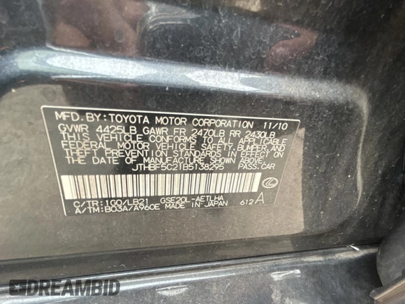 2011 Lexus IS 250 z VIN JTHBF5C21B5138295, wystawiony jako Copart lot #52821755 z przebiegiem 145 144 mil mil oraz Czysty tytuł • Clean title. Historia ofert i sprzedaży dostępna na DreamBid. Obrazek 10.
