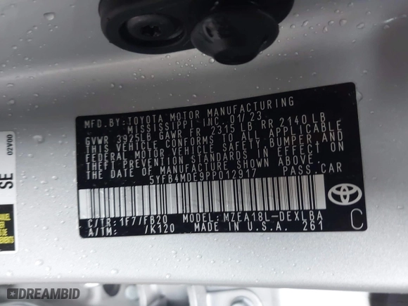 2023 Toyota Corolla LE with VIN 5YFB4MDE9PP012917, listed as a IAAI auction lot 41544655 with 37,531 mi miles. Bid and sale history available at carsss.com. Image 9.