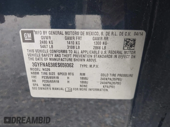 2014 Cadillac SRX with VIN 3GYFNAE38ES659362, listed as a IAAI auction lot 41971537 with 115,379 mi miles and . Bid and sale history available at DreamBid. Image 9.