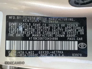 2012 Toyota Avalon with VIN 4T1BK3DB7CU454898, listed as a Copart auction lot 54720985 with Not Provided miles and Salvage Title. Bid and sale history available at DreamBid. Image 13.