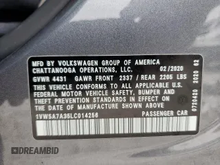 2020 Volkswagen Passat SE with VIN 1VWSA7A35LC014256, listed as a Copart auction lot 57496745 with 113,531 mi miles and Salvage title. Bid and sale history available at DreamBid. Image 14.