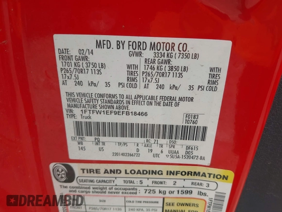 2014 Ford F-150 XL with VIN 1FTFW1EF9EFB18466, listed as a IAAI auction lot 42512828 with 125,811 mi miles and . Bid and sale history available at DreamBid. Image 9.