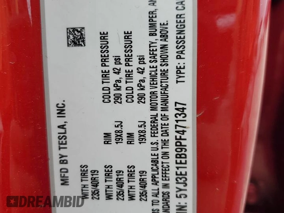 2023 Tesla Model 3 Long Range with VIN 5YJ3E1EB9PF471347, listed as a Copart auction lot 46281835 with Not Provided miles and Salvage Title. Bid and sale history available at DreamBid. Image 13.