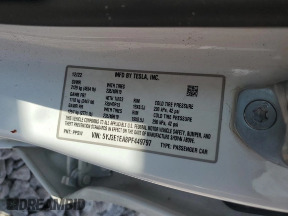 2023 Tesla Model 3 with VIN 5YJ3E1EA8PF449797, listed as a Copart auction lot 64601115 with 99,771 mi miles and Clean title. Bid and sale history available at DreamBid. Image 13.