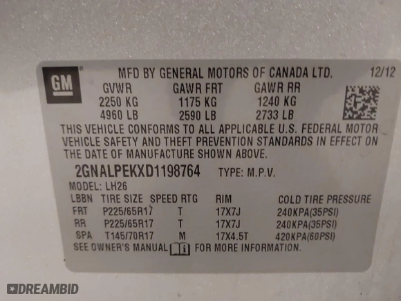 2013 Chevrolet Equinox LT with VIN 2GNALPEKXD1198764, listed as a IAAI auction lot 42056383 with 192,046 mi miles. Bid and sale history available at carsss.com. Image 9.