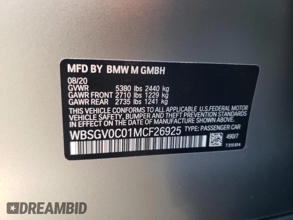 2021 BMW M8 z VIN WBSGV0C01MCF26925, wystawiony jako Copart lot #68743134 z przebiegiem Nie podano mil oraz Szkoda całkowita • Salvage title. Historia ofert i sprzedaży dostępna na DreamBid. Obrazek 12.