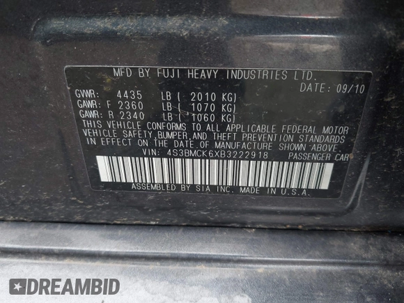 2011 Subaru Legacy Limited Power Moon с VIN 4S3BMCK6XB3222918, выставлен на аукционе IAAI как лот 42157755 с пробегом 83 083 миль миль и . История ставок и продаж доступна на DreamBid. Изображение 9.
