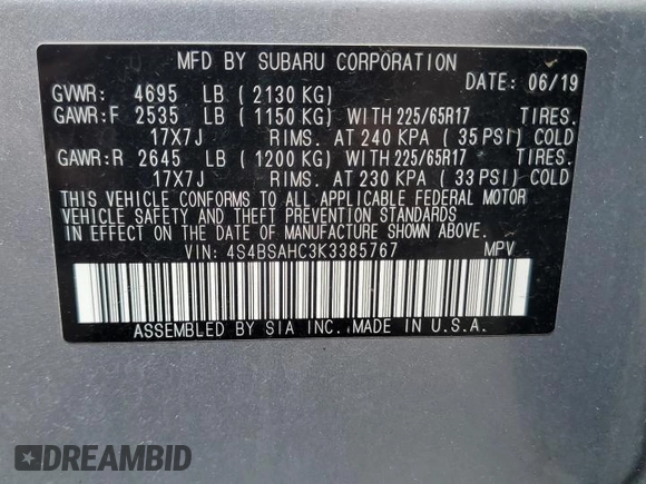 2019 Subaru Outback Premium with VIN 4S4BSAHC3K3385767, listed as a Copart auction lot 61144265 with 67,422 mi miles and Salvage title. Bid and sale history available at DreamBid. Image 13.