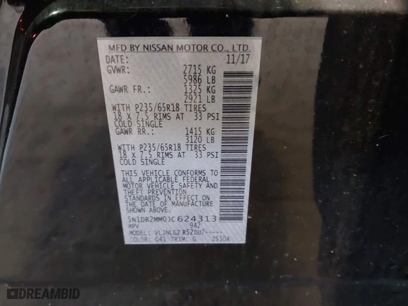 2018 Nissan Pathfinder SV with VIN 5N1DR2MM0JC624313, listed as a IAAI auction lot 41342560 with 114,251 mi miles. Bid and sale history available at carsss.com. Image 9.