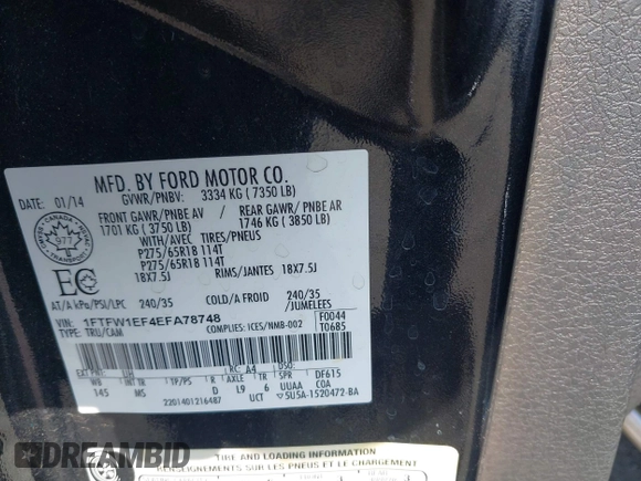 2014 Ford F-150 XL with VIN 1FTFW1EF4EFA78748, listed as a IAAI auction lot 42314201 with 176,674 mi miles and . Bid and sale history available at DreamBid. Image 9.