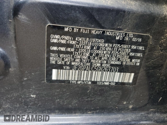 2016 Subaru Crosstrek Limited with VIN JF2GPALC5GH263703, listed as a Copart auction lot 62412725 with 98,887 mi miles and Salvage title. Bid and sale history available at DreamBid. Image 13.