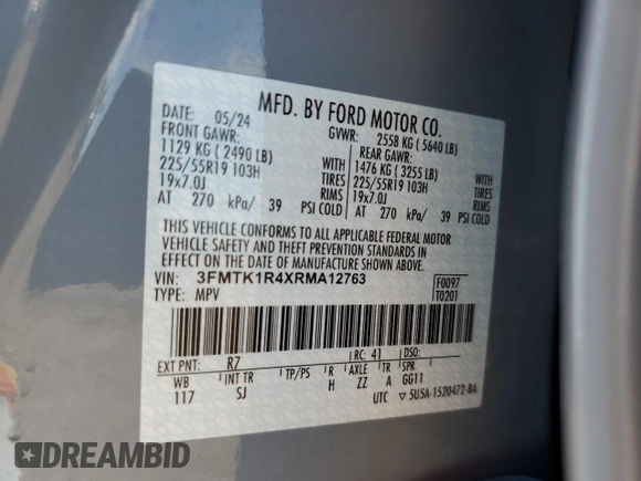 2024 Ford Mustang Mach-E Select z VIN 3FMTK1R4XRMA12763, wystawiony jako Copart lot #62646955 z przebiegiem 6 807 mil mil oraz Szkoda całkowita • Salvage title. Historia ofert i sprzedaży dostępna na DreamBid. Obrazek 13.
