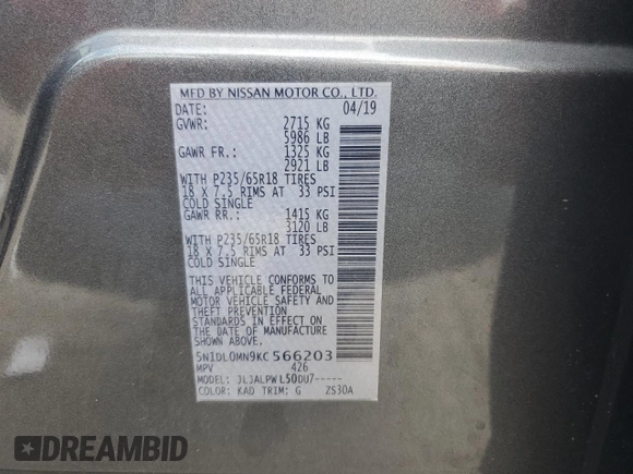 2019 Infiniti QX60 Pure with VIN 5N1DL0MN9KC566203, listed as a Copart auction lot 57137775 with 128,234 mi miles and Salvage title. Bid and sale history available at DreamBid. Image 12.