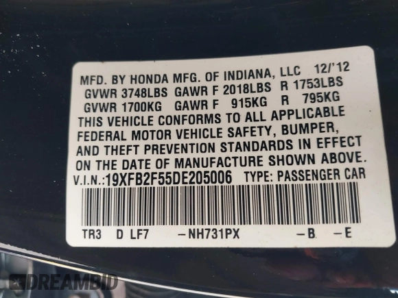2013 Honda Civic LX z VIN 19XFB2F55DE205006, wystawiony jako IAAI lot #42319899 z przebiegiem 114 901 mil mil oraz . Historia ofert i sprzedaży dostępna na DreamBid. Obrazek 9.