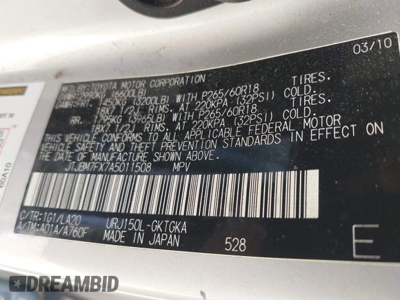 2010 Lexus GX 460 with VIN JTJBM7FX7A5011508, listed as a IAAI auction lot 42079556 with 124,841 mi miles and . Bid and sale history available at DreamBid. Image 9.